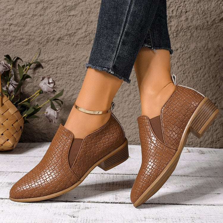 Black Woven Embossed Chelsea Ankle Boots | Slip-On Block Heel Pointed Toe Booties for Women