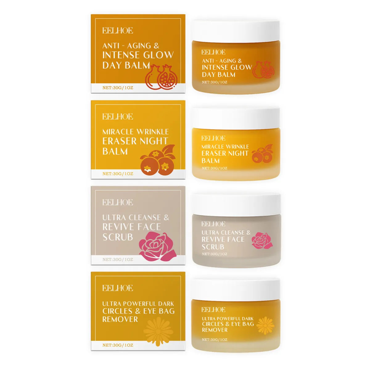 EELHOE 4-Piece Skincare Set | Dark Circle Eye Cream + Anti-Aging Day Balm + Wrinkle Night Balm + Face Scrub | Complete Glow Kit