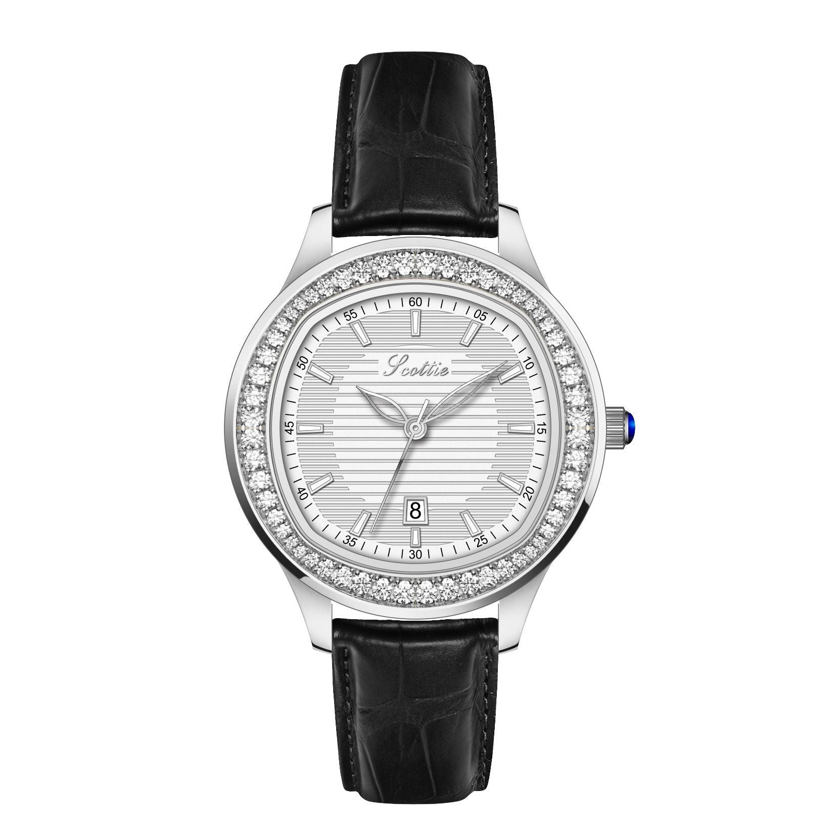 Scottie Crystal Bezel Watch Women | Silver Textured Dial | Black Crocodile Leather Strap | Date Display Elegant Dress Watch