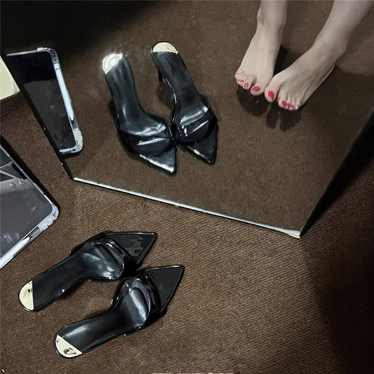 Black Patent Leather Pointed Toe Stiletto Mule Heels | Women's Single Strap Slip-On High Heel Sandals | Minimalist Luxury Heels
