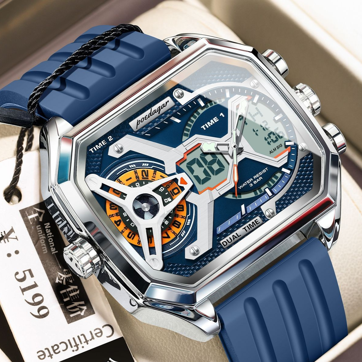 Poedagar Men's Dual Time Digital Analog Watch | Square Blue Rubber Strap | Military Sport Chronograph Waterproof