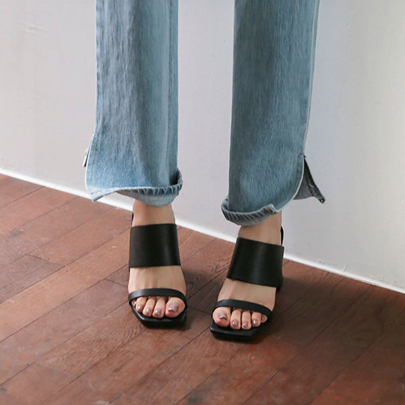 Black Leather Double Strap Wide Band Block Heel Mule Sandals | Women's Open Toe Chunky Heel Slip-On Shoes