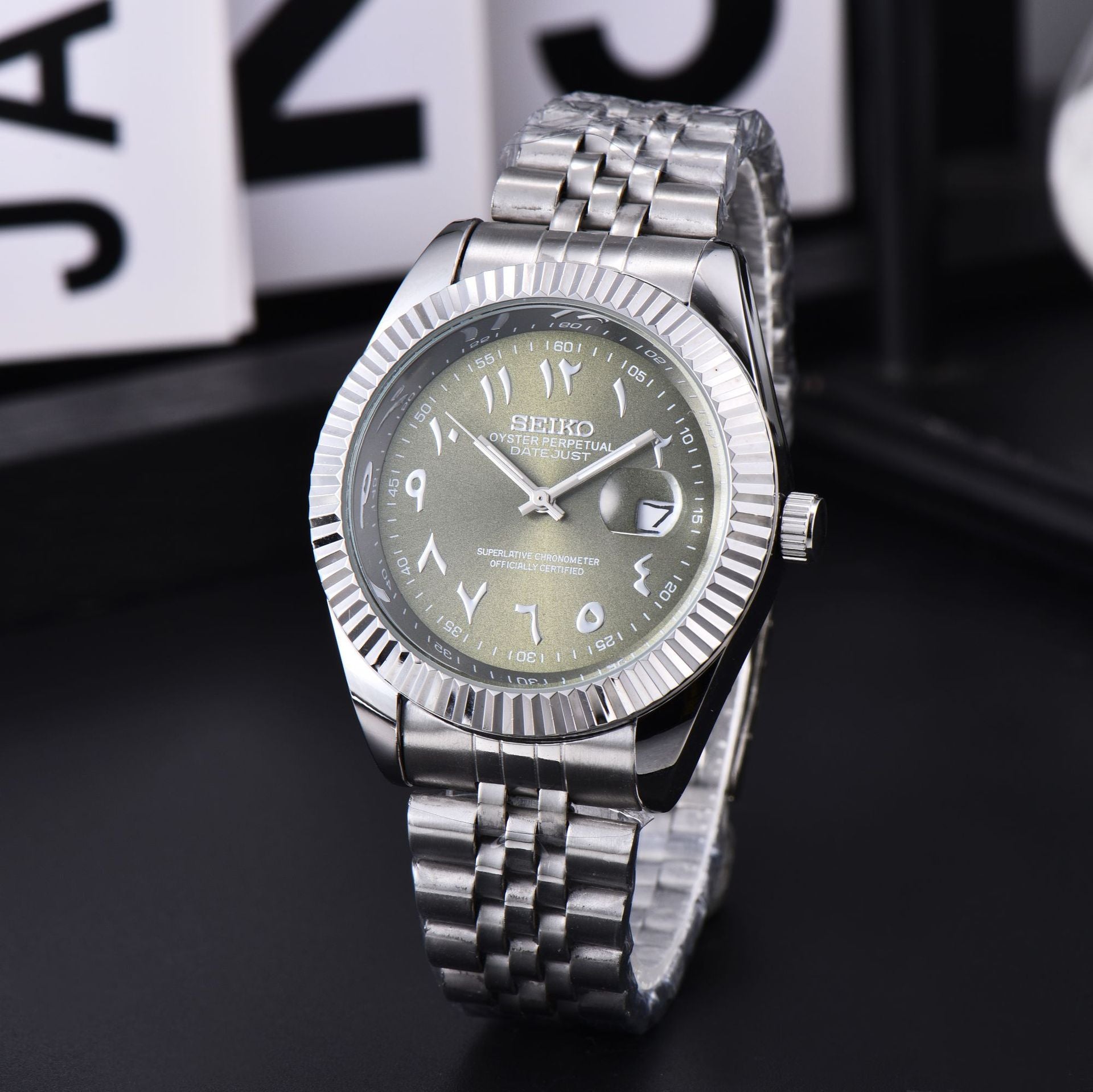 Men's Silver Luxury Dress Watch | Fluted Bezel Arabic Numeral Black Dial Jubilee Bracelet Date Watch