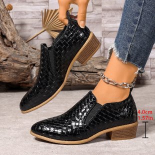 Black Woven Embossed Chelsea Ankle Boots | Slip-On Block Heel Pointed Toe Booties for Women