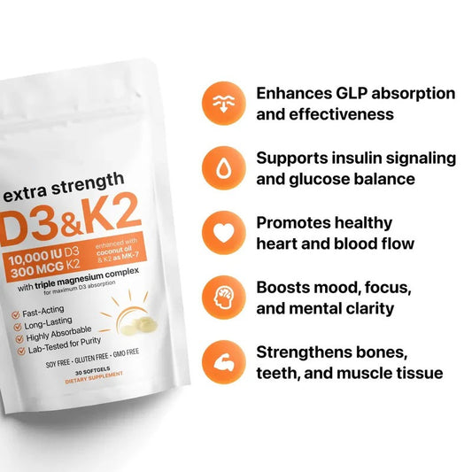 Extra Starke Vitamin D3 10000 IE und K2 300 mcg Softgels | Dreifach Magnesium Komplex | Kokosnussöl | 300 Stück | Laborgeprüft