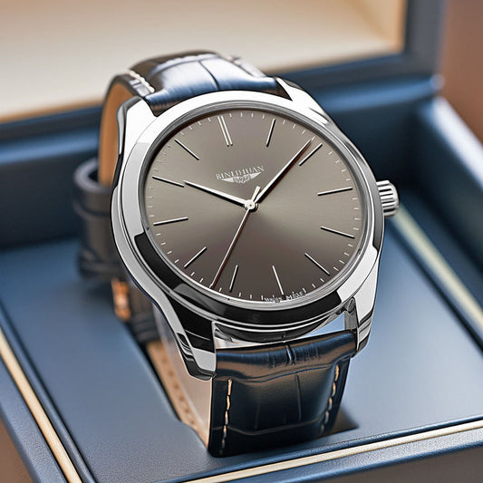 BINLIHUAN Mens Ultra-Thin Watch | Smoke Grey Dial Silver Case Black Crocodile Leather Strap Dress Watch