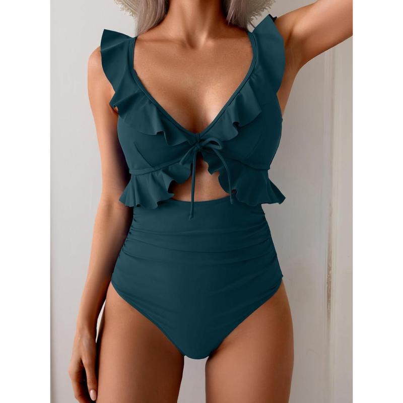 Teal Ruffle V-Neck Tie Front Cutout One Piece Swimsuit | High Waist Ruched Monokini | Women's Elegant Swimwear