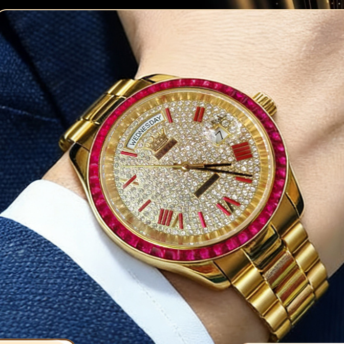 HY&ZX Automatic Gold Watch | Diamond Paved Dial Ruby Baguette Bezel | Day Date Presidential Bracelet Men's Luxury Watch