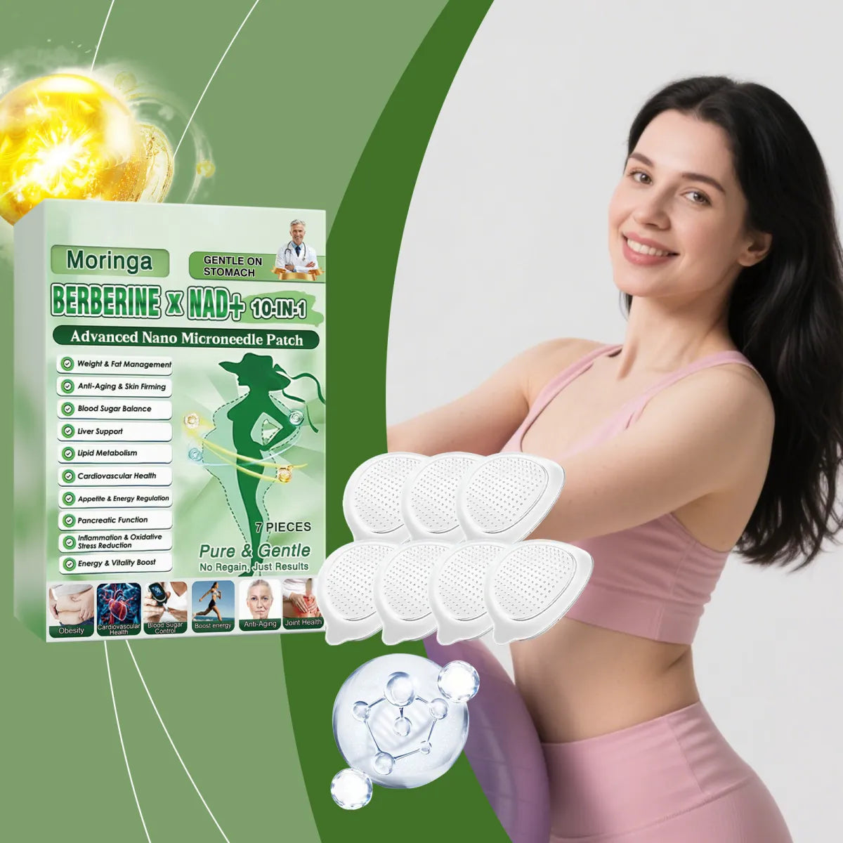 Moringa Berberine NAD+ 10-in-1 Nano Microneedle Patch 3 Pack | Weight Management Blood Sugar Belly Fat Patch