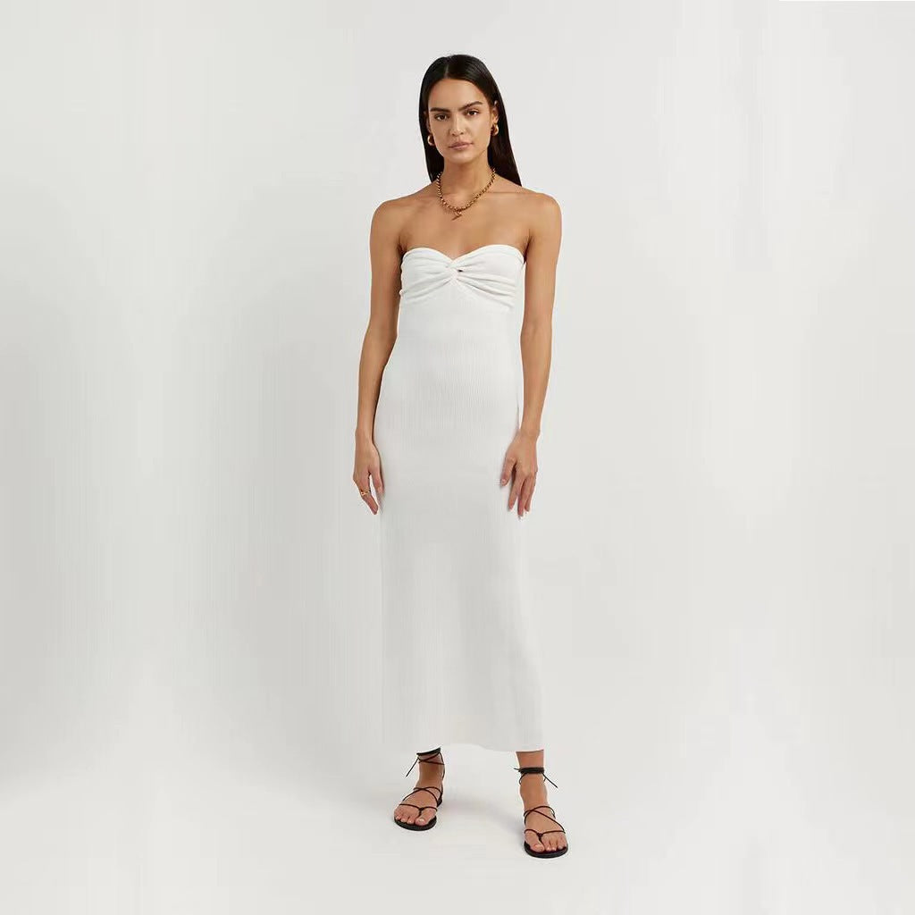 Black Strapless Midi Dress | Ribbed Bodycon Bandeau Dress | Elegant Evening & Party Dress for Women