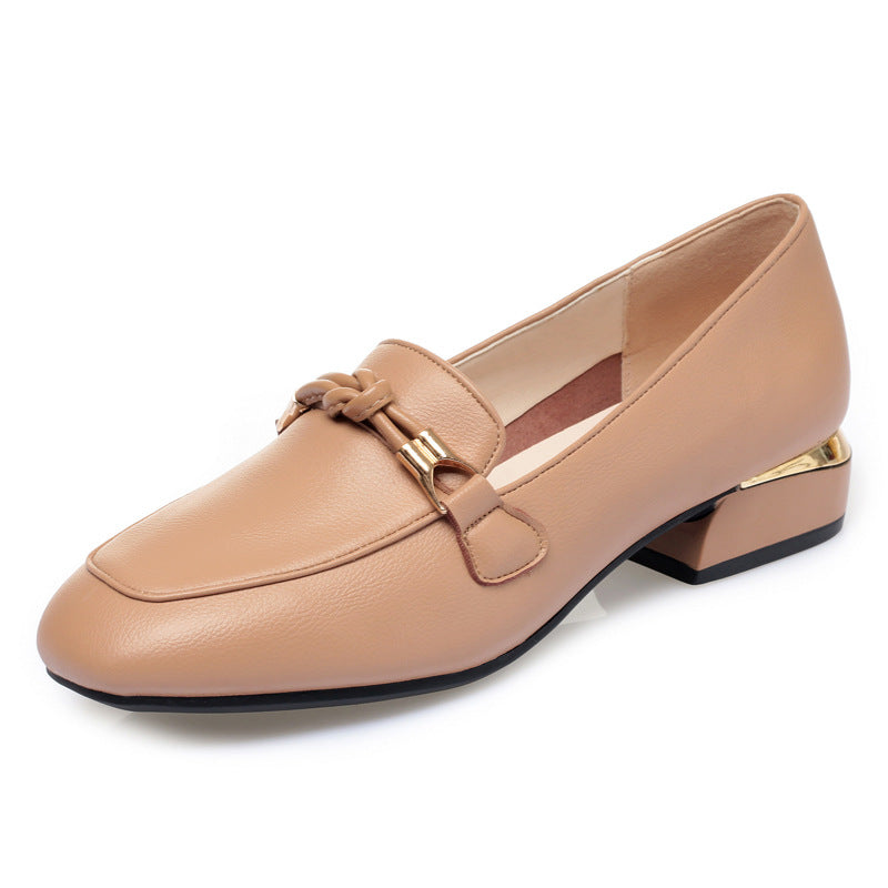 Tan Nude Leather Chain Bit Low Heel Loafers for Women | Gold Chain Hardware Square Toe Slip-On Loafer Pumps | Elegant Gold Trim Block Heel Shoes | Luxury Everyday Loafer Heels
