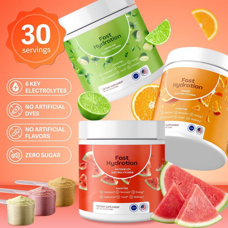 Fast Hydration Electrolyte Drink Powder | 6 Key Electrolytes | Zero Sugar | 30 Servings - Watermelon, Lemon Lime & Orange