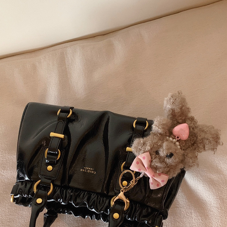 CHIO 2ND LONDON Black Patent Leather Ruched Satchel Bag - Gold Hardware Crossbody Handbag with Teddy Bear Charm | Women's Luxury Style Purse