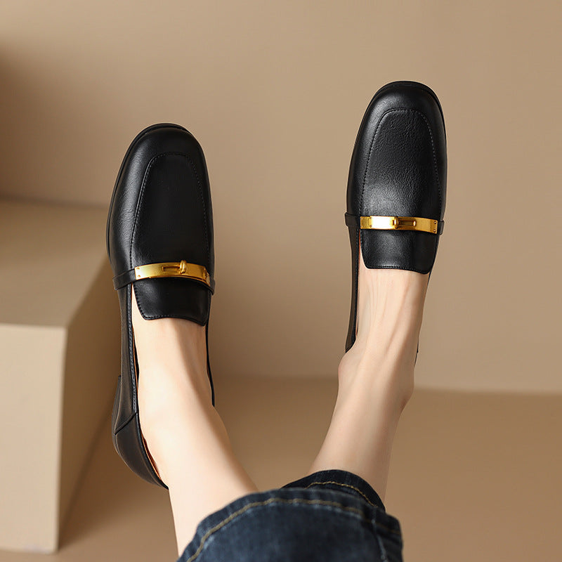 Black Leather Flat Loafers Gold Metal Bar Detail Square Toe Slip On Women Shoes | Elegant Comfortable Everyday Office Casual Fashion Flat Shoes