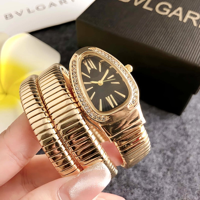 Gold Snake Coil Watch Women | Crystal Diamond Bezel | White Sunray Roman Dial | Serpenti Style Wrap Bracelet Luxury Watch