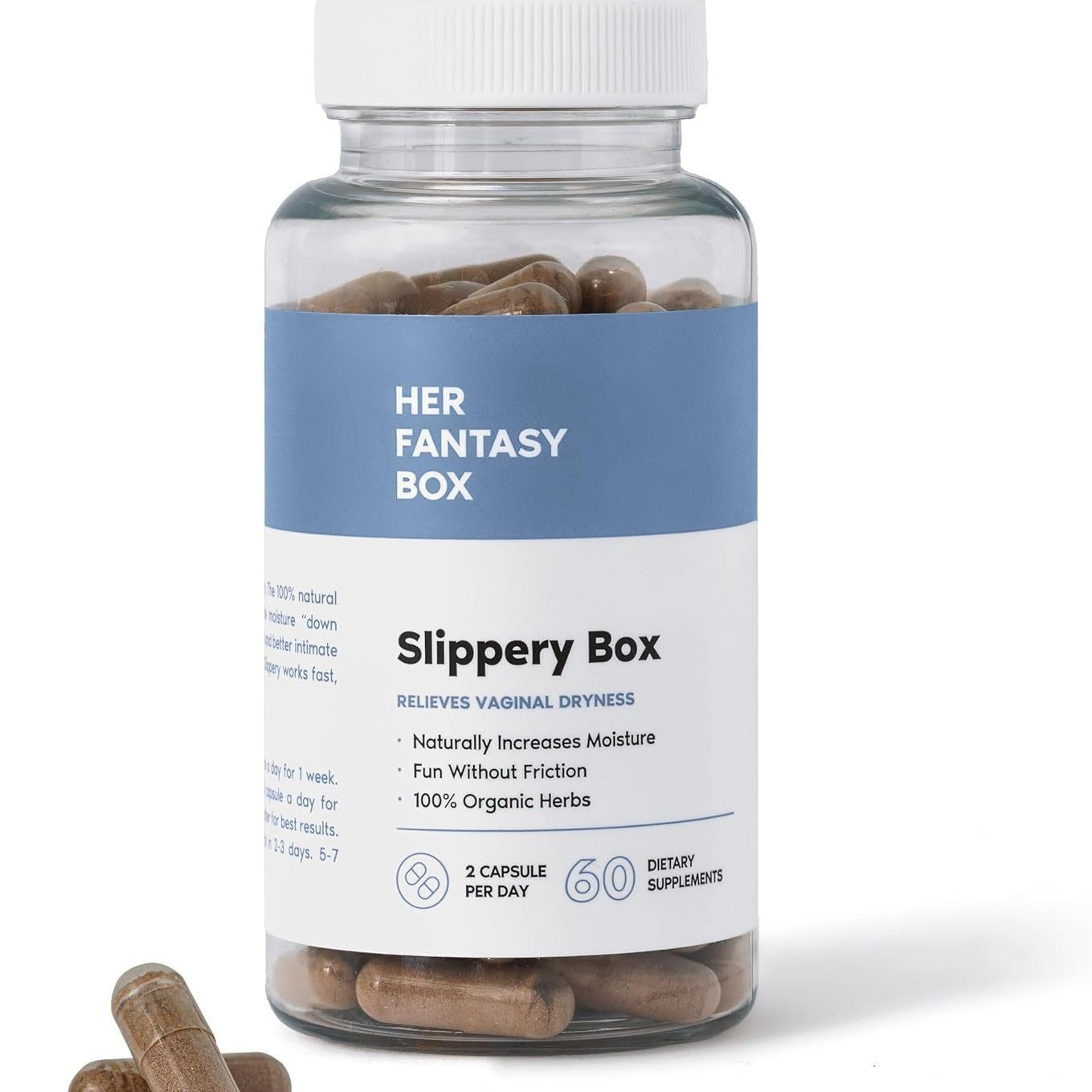 Her Fantasy Box Slippery Box 60 Capsules | Relieves Vaginal Dryness | 100% Organic Herbs | Natural Moisture Supplement for Women