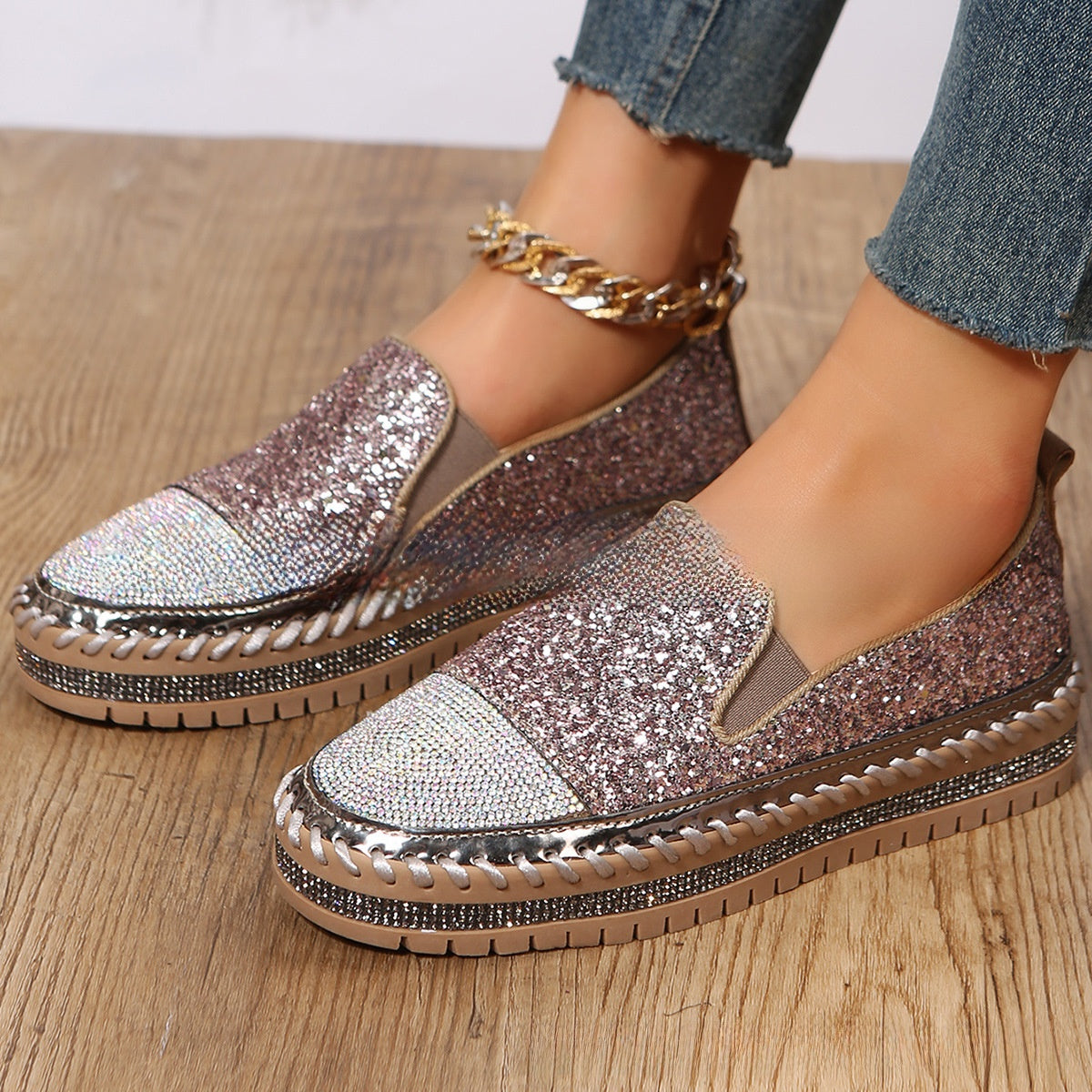 Rose Gold Glitter Rhinestone Platform Slip-On Sneakers for Women | Sequin Sparkle Flatform Loafer Shoes | Crystal Embellished Chunky Sole Casual Shoes | Glamorous Everyday Sneakers