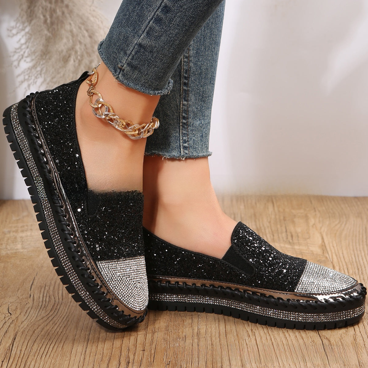 Rose Gold Glitter Rhinestone Platform Slip-On Sneakers for Women | Sequin Sparkle Flatform Loafer Shoes | Crystal Embellished Chunky Sole Casual Shoes | Glamorous Everyday Sneakers