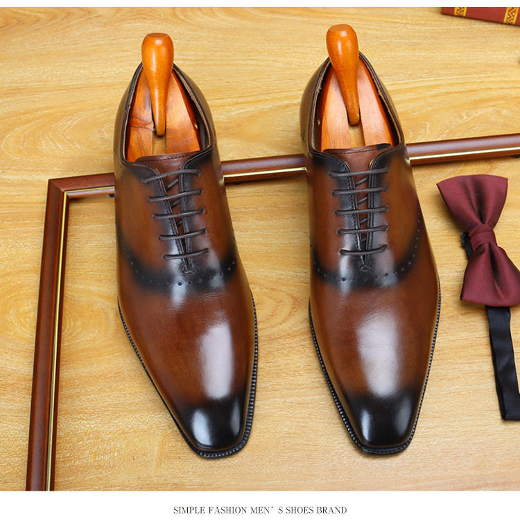 Men's Tan Brown Burnished Wholecut Oxford Dress Shoes | Perforated Brogue Leather Formal Lace-Up Shoes