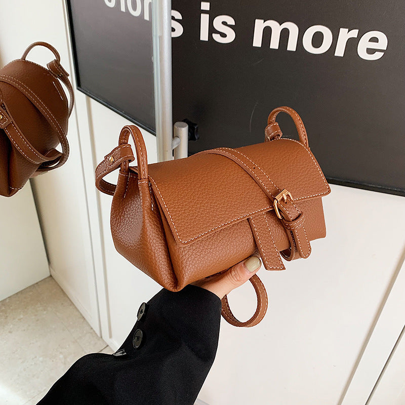 Taupe Brown Leather Crossbody Bag - Structured Flap Bag with Braided Strap & Hedgehog Charm | Small Shoulder Bag