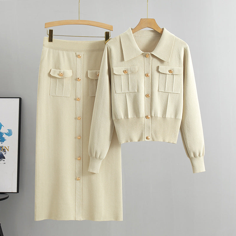Completo in maglia color crema: cardigan e gonna midi | Coordinato maglione abbottonato da donna, completo elegante a 2 pezzi