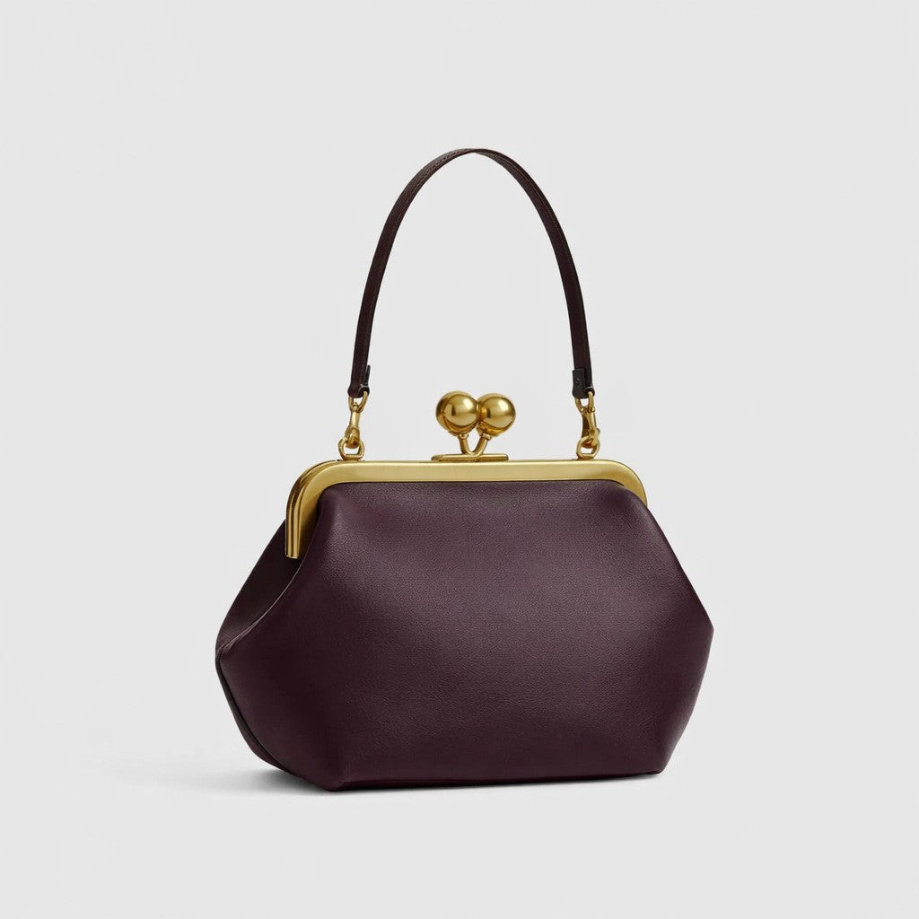 Oversized Black Kiss Lock Frame Bag | Gold Clasp Shoulder Bag for Women | Vintage Doctor Style Clutch Handbag