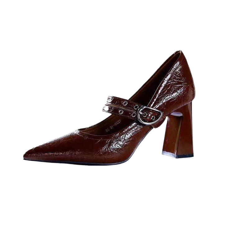 Black Crinkle Patent Leather Mary Jane Block Heels | Pointed Toe Double Buckle Strap Pumps for Women | Vintage Retro Office Party Shoes