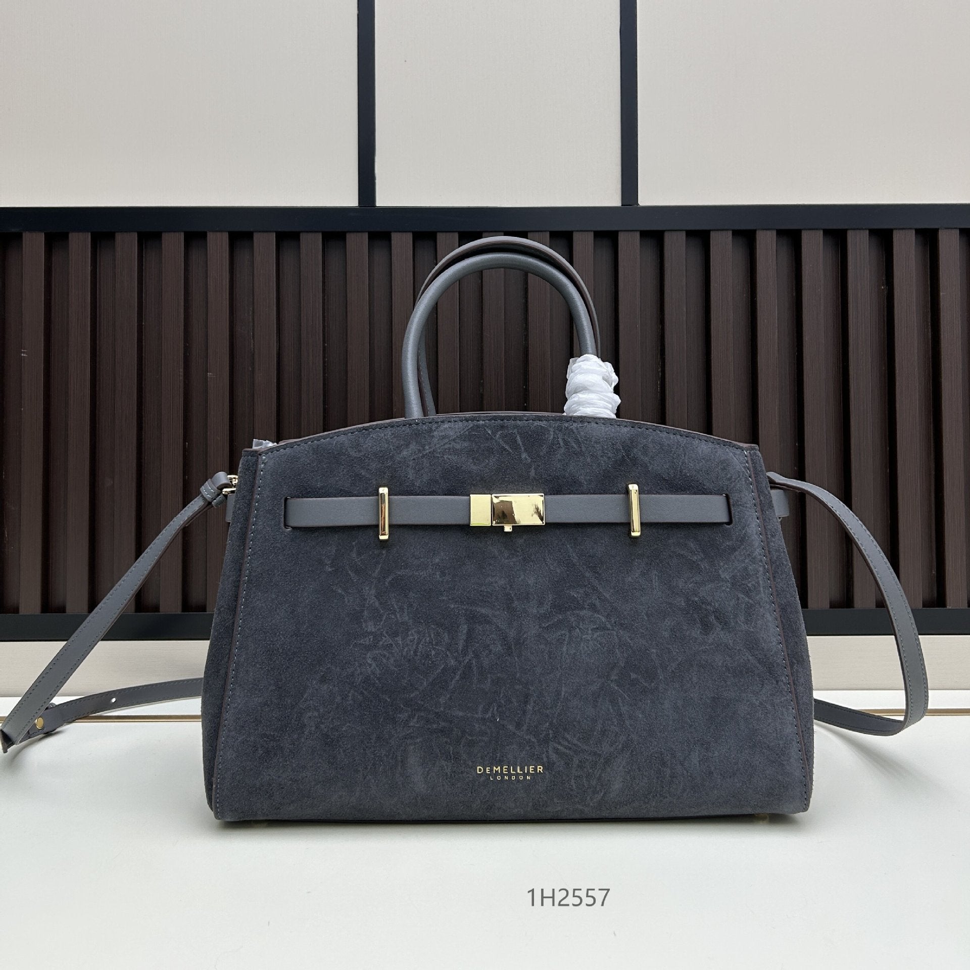 Black Suede Handbag with Gold Lock Hardware | Luxury Structured Tote Bag - DeMellier