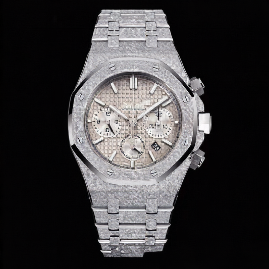 Frosted Silver Chronograph Watch Men | Octagon Case Screw Bezel | Tapisserie Dial Triple Sub-Dial | Royal Oak Style Luxury Watch
