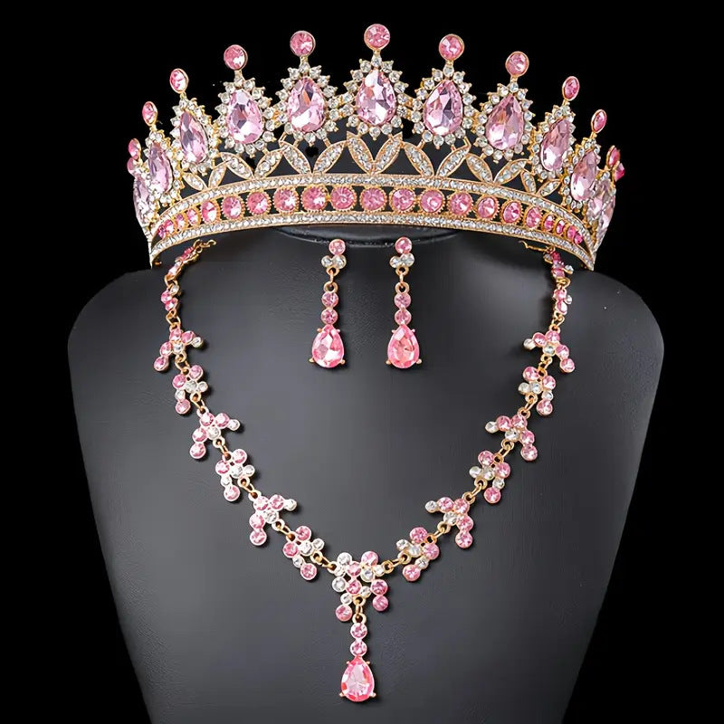 Bridal Crown Jewelry Set | Crystal Tiara Necklace & Earrings | Wedding Queen Accessories