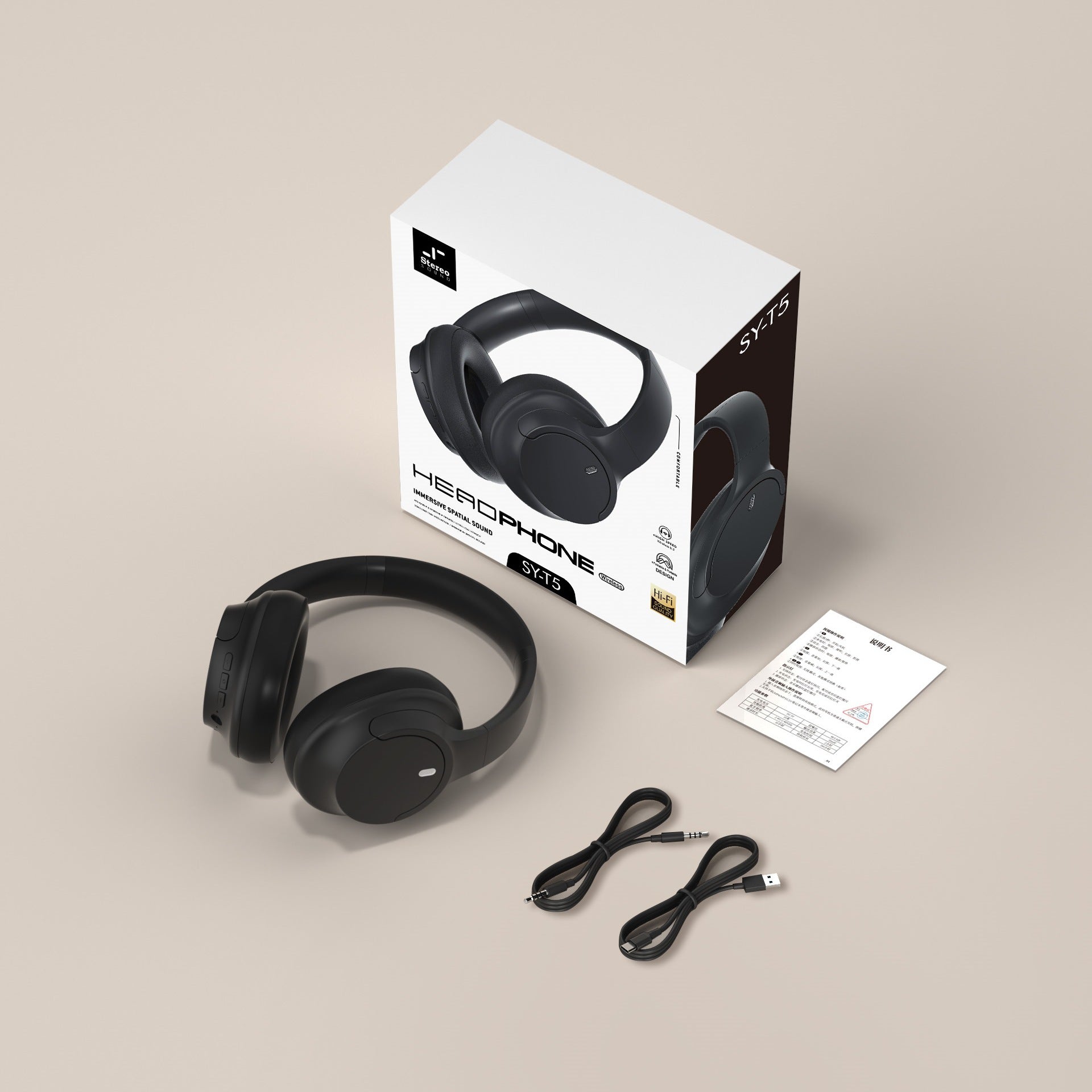 Wireless Bluetooth Over-Ear Headphones 6D Immersive Stereo Sound Foldable On-Ear Headset with Wired Mode USB Charging Cable Mic for Music Gaming Travel School - SY-T4