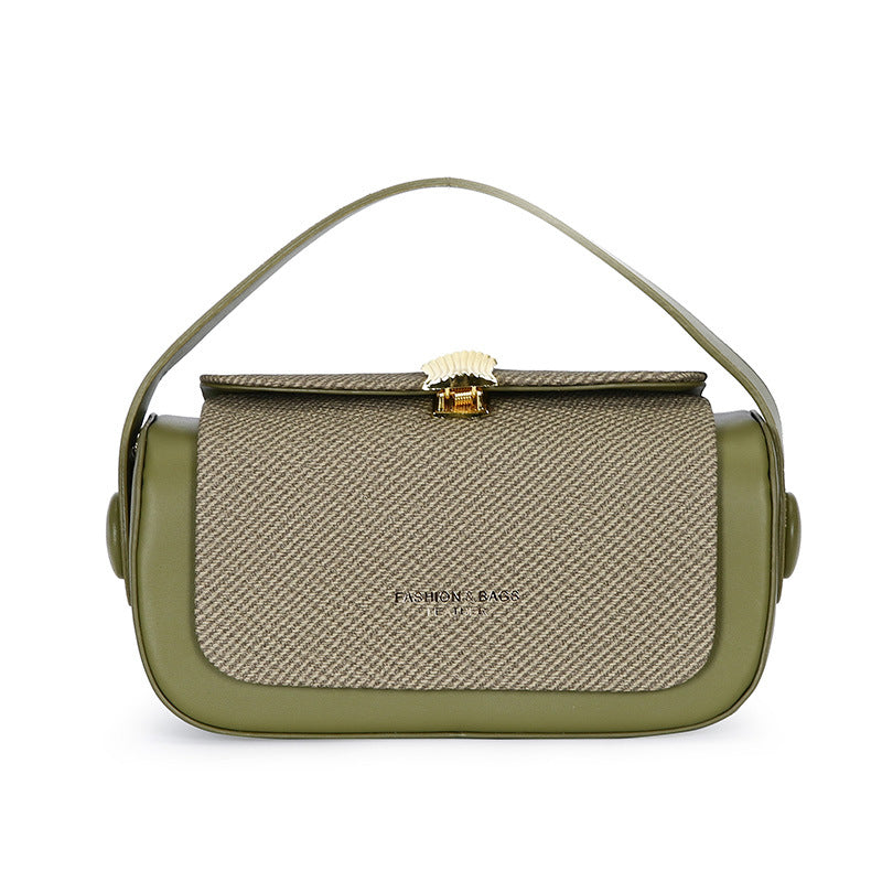 Black Structured Crossbody Bag with Gold Fan Clasp | Woven Texture Top Handle Shoulder Purse