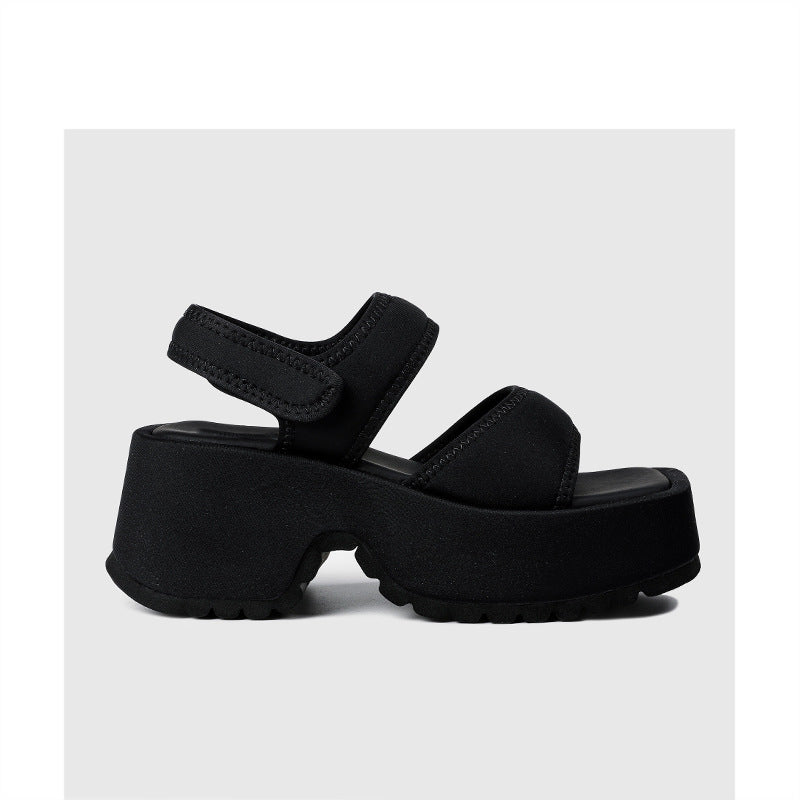 Black Chunky Platform Sandals for Women | Velcro Strap Open Toe Flatform Sandals | Thick Lug Sole Casual Platform Shoes | Edgy Street Style Summer Sandals