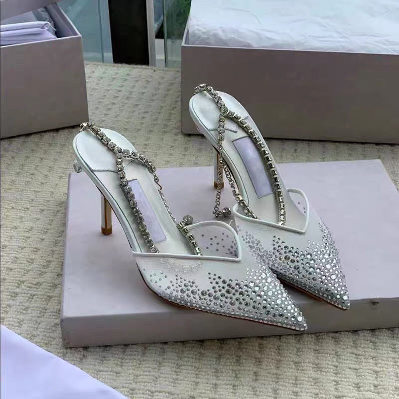 Black Crystal Embellished Mesh Pointed Toe Slingback Kitten Heel Mules | Women's Rhinestone Chain Strap Luxury Heels