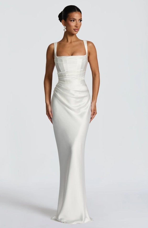Women's Navy Blue Satin Maxi Dress | Square Neck Ruched Bodycon Formal Gown with Gloves | Elegant Evening Prom Wedding Dress