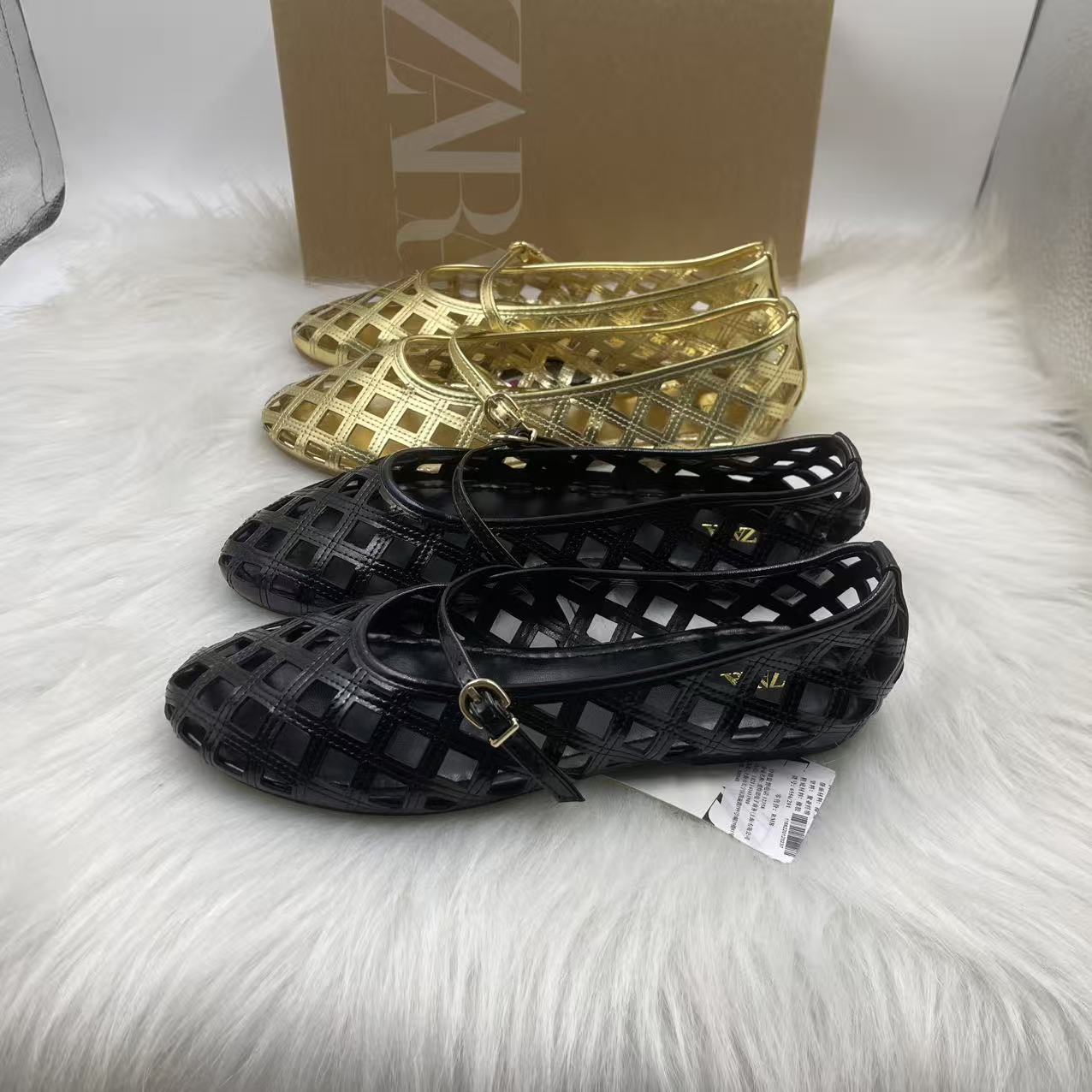 Metallic Laser Cut Cage Mary Jane Ballet Flats | Gold & Black Cut-Out Diamond Lattice Flat Shoes for Women