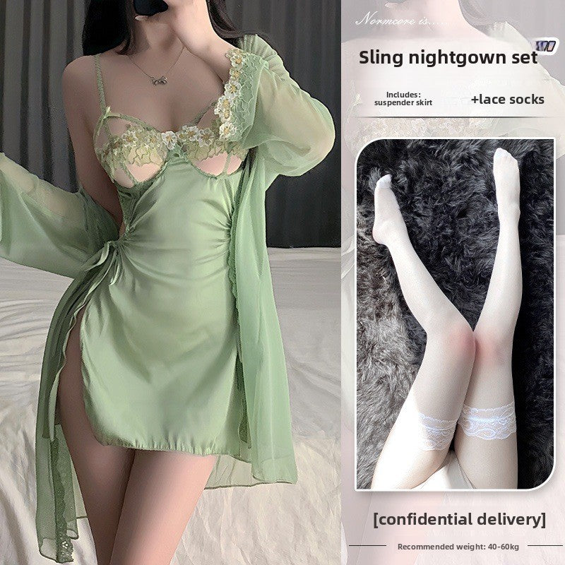 Women's Green Satin Lace Babydoll Lingerie Set Sexy Hollow Out Chemise Mini Slip Dress with Robe