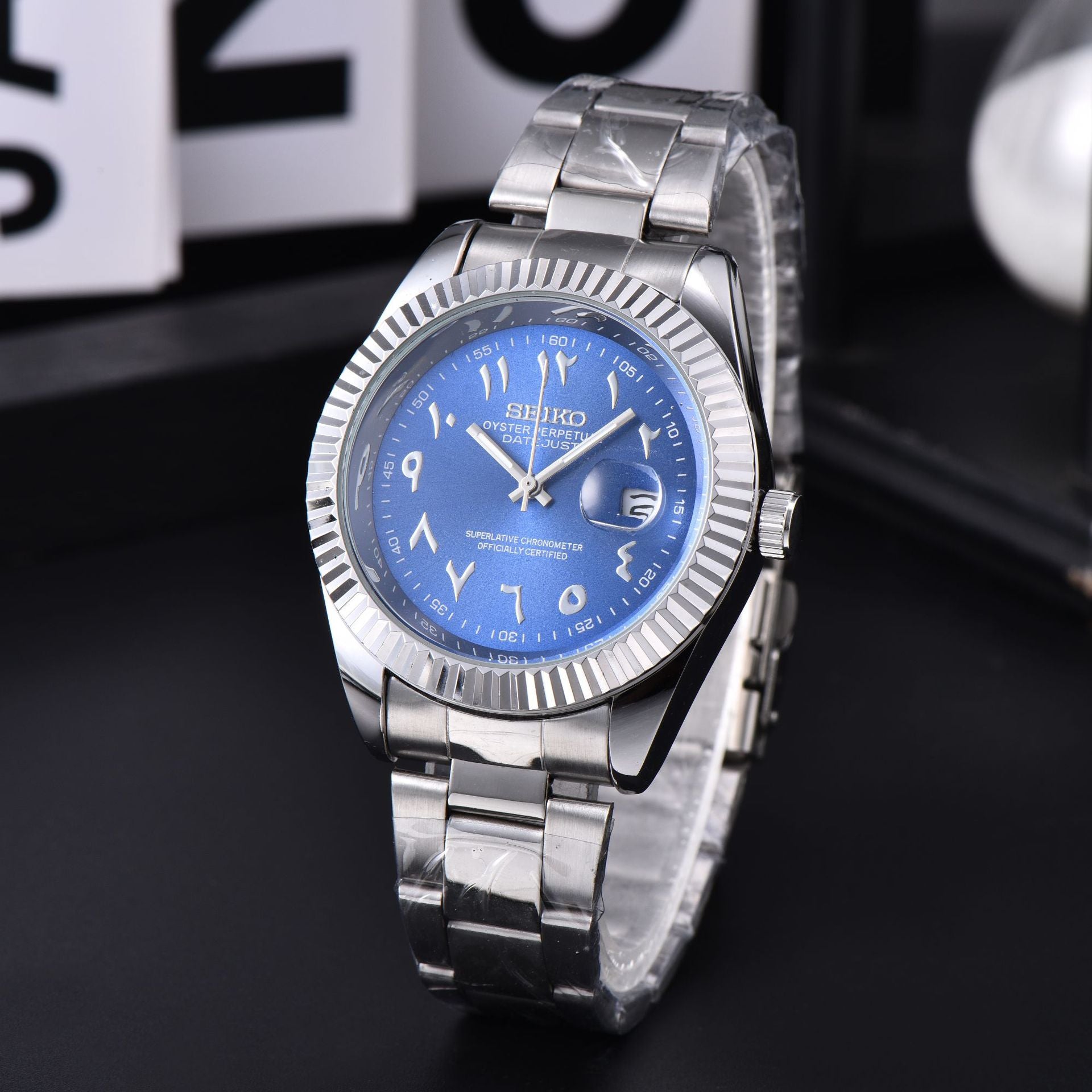 Men's Silver Luxury Dress Watch | Fluted Bezel Arabic Numeral Black Dial Jubilee Bracelet Date Watch