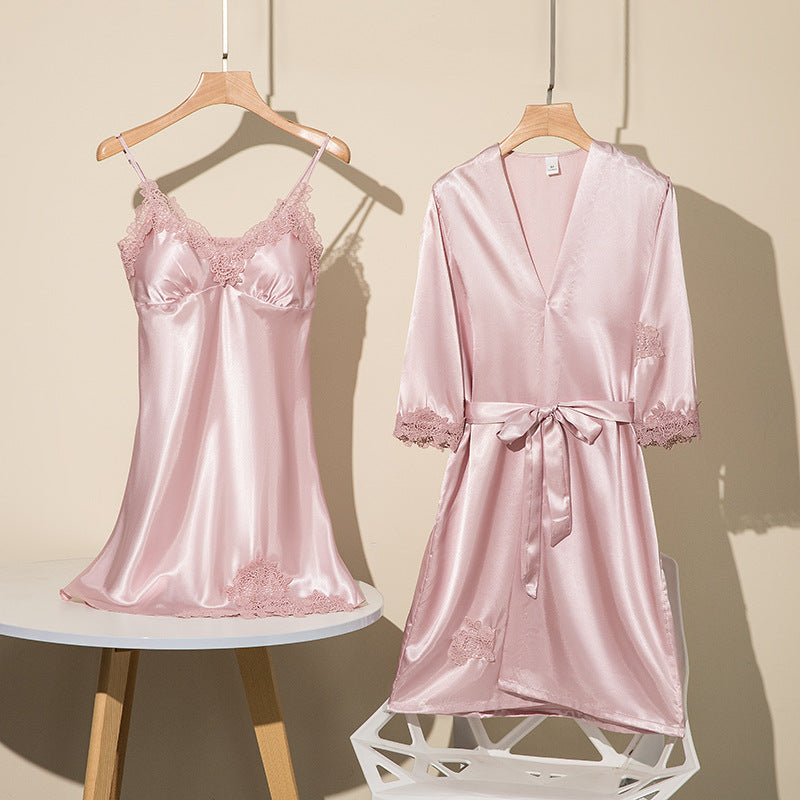 Women's Wine Red Satin Lace Trim 2 Piece Nightgown and Robe Set Sexy V Neck Slip Dress with Belted Dressing Gown Sleepwear