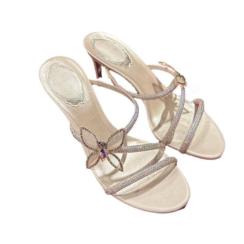 Champagne Nude AB Crystal Rhinestone Flower Strappy Stiletto Mule Sandals | Luxury Bridal Evening Heels for Women