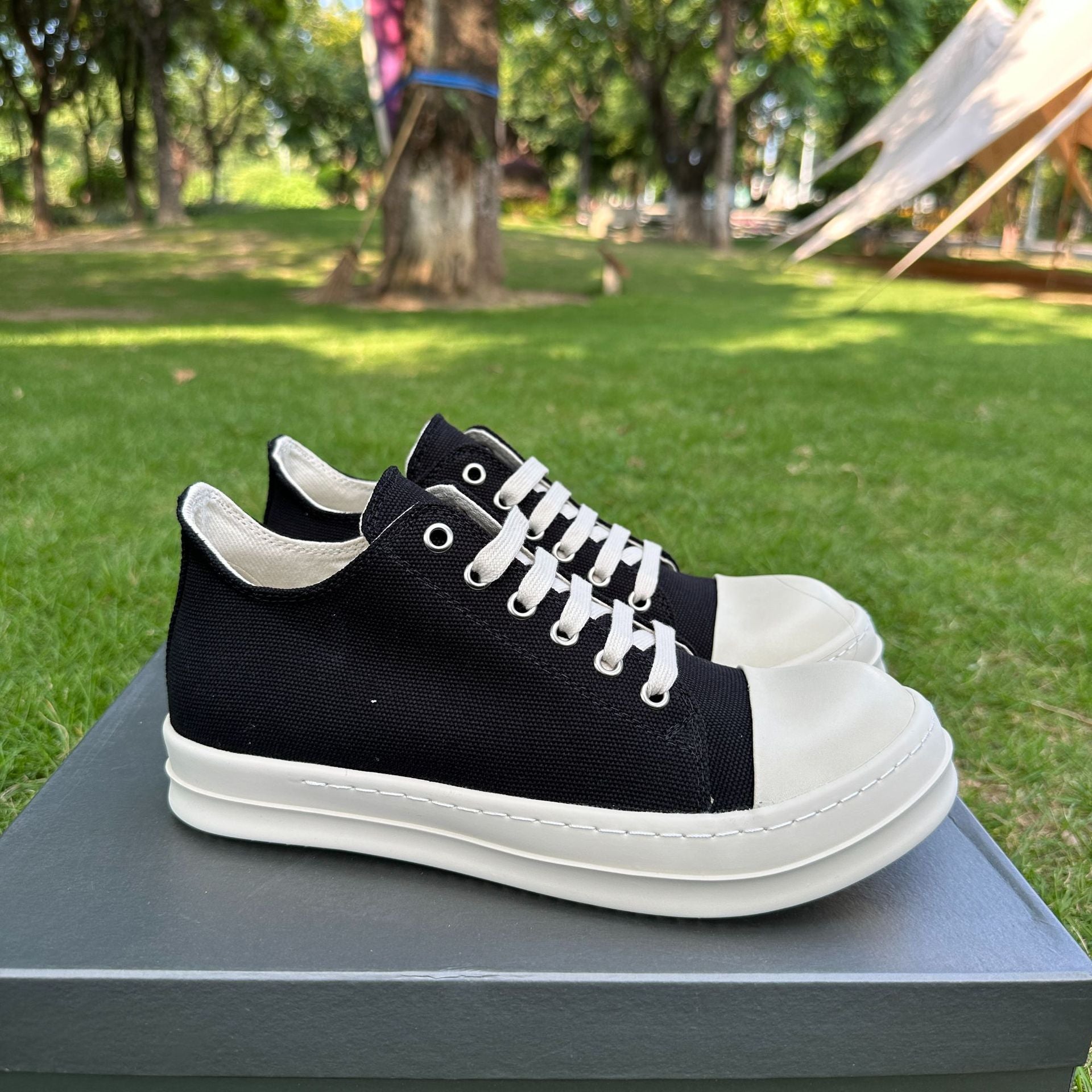 Black Canvas Low Top Sneakers | Chunky White Sole Lace-Up Unisex Platform Shoes | Avant-Garde Street Style Trainers