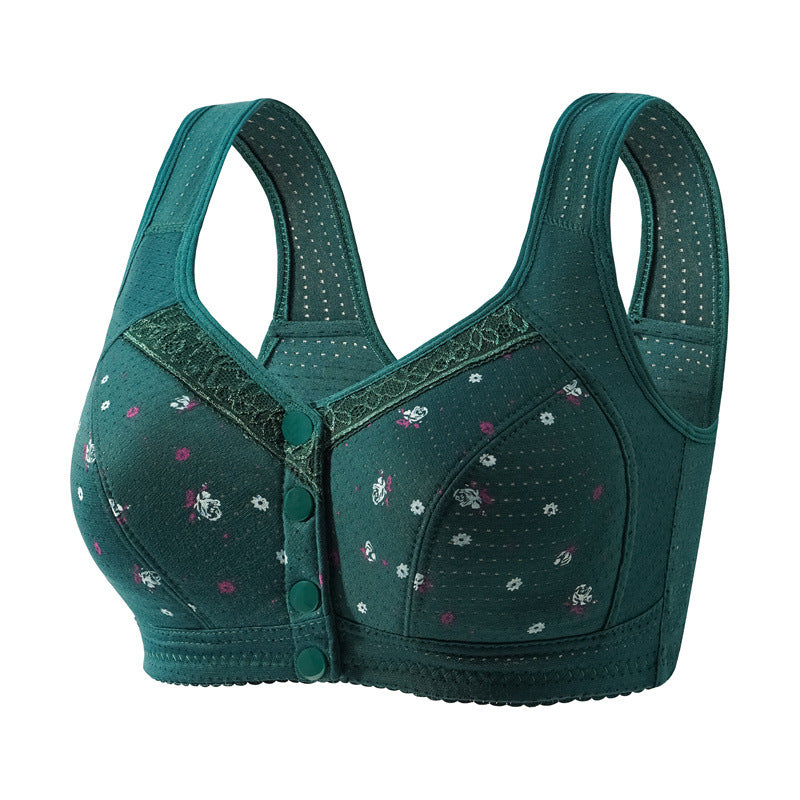 Women's Front Closure Wireless Bra | Floral Print Wide Strap Full Coverage Snap Button Bra | Comfort Bra for Seniors