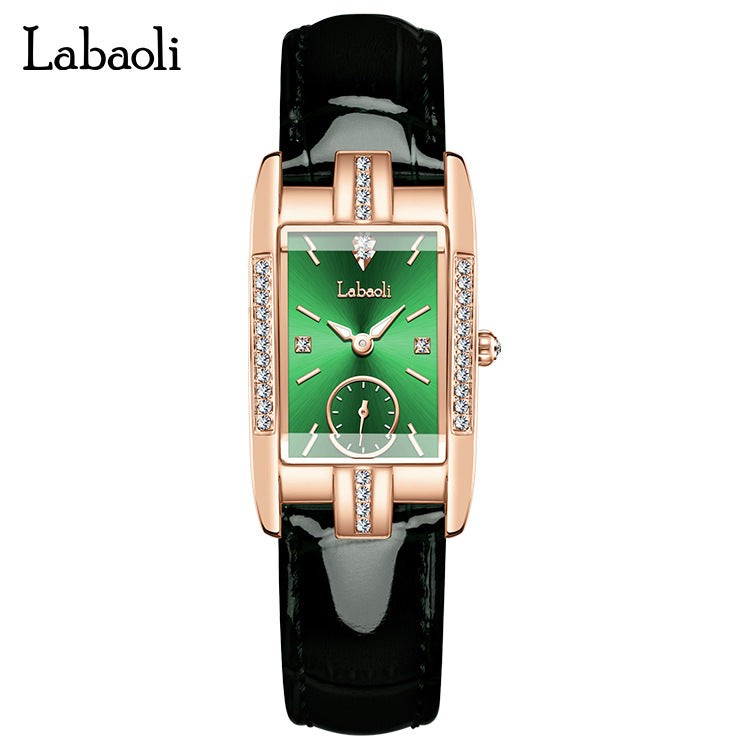 Labaoli Women's Rose Gold Rectangle Watch | Red Dial Crystal Lug Sub-Seconds Patent Leather Luxury Quartz Watch