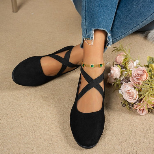 Womens Black Suede Wedge Shoes Cross Elastic Ankle Strap Closed Toe Low Heel Comfortable Slip On Pumps for Casual Office and Formal Wear