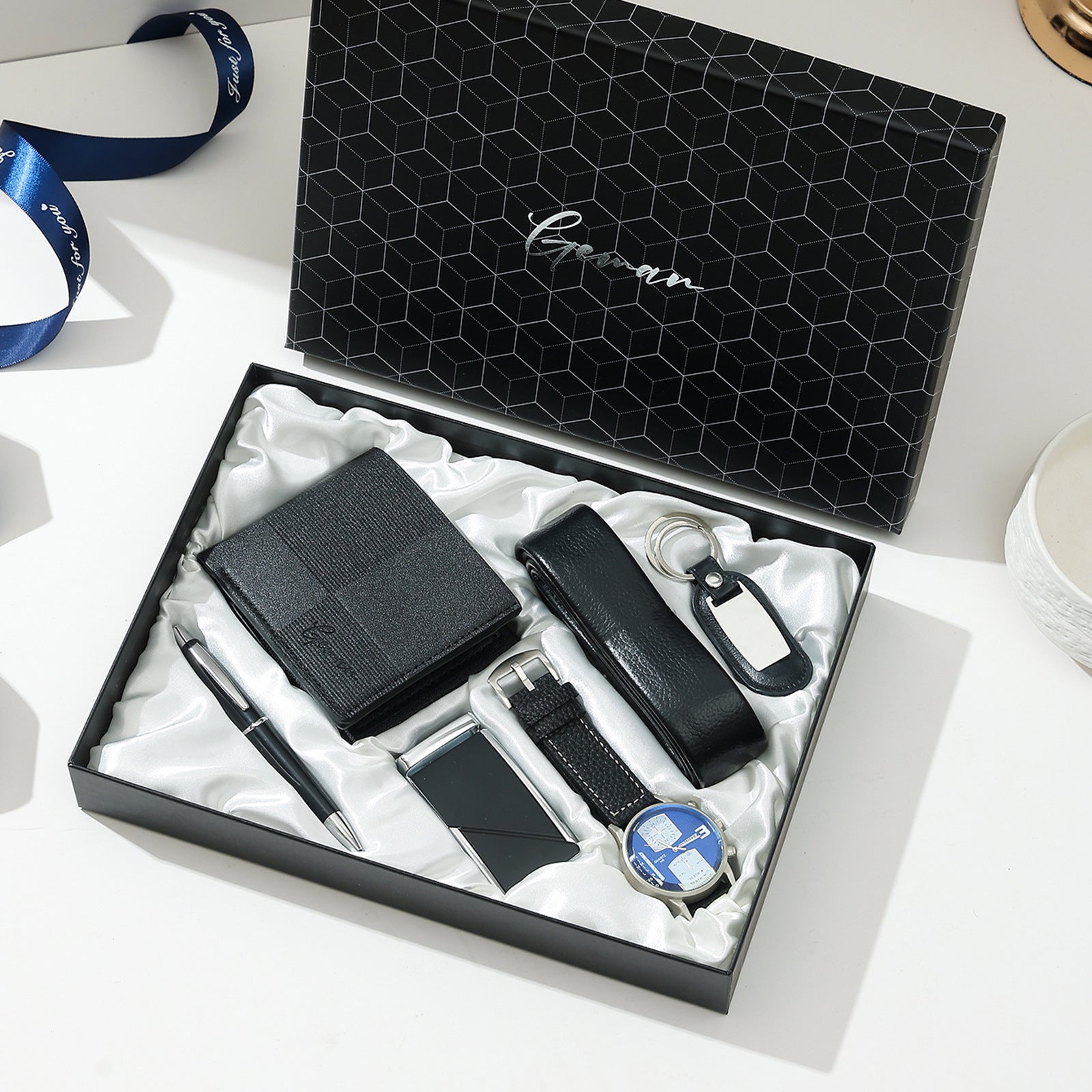 Geman Men's Luxury Gift Set – 6-Piece Black Leather Belt, Wallet, Watch, Bracelet, Keychain & Pen Box Set | Premium Men's Gift