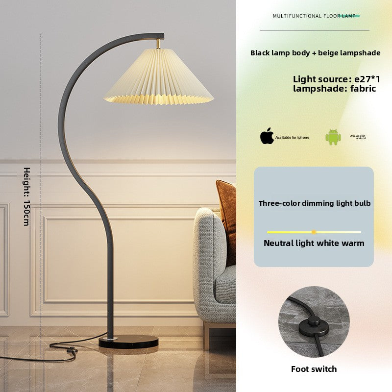 Modern Pleated Floor Lamp with Gold Curved Arc Arm Marble Base Cream Fabric Shade Standing Lamp for Living Room Bedroom and Home Decor