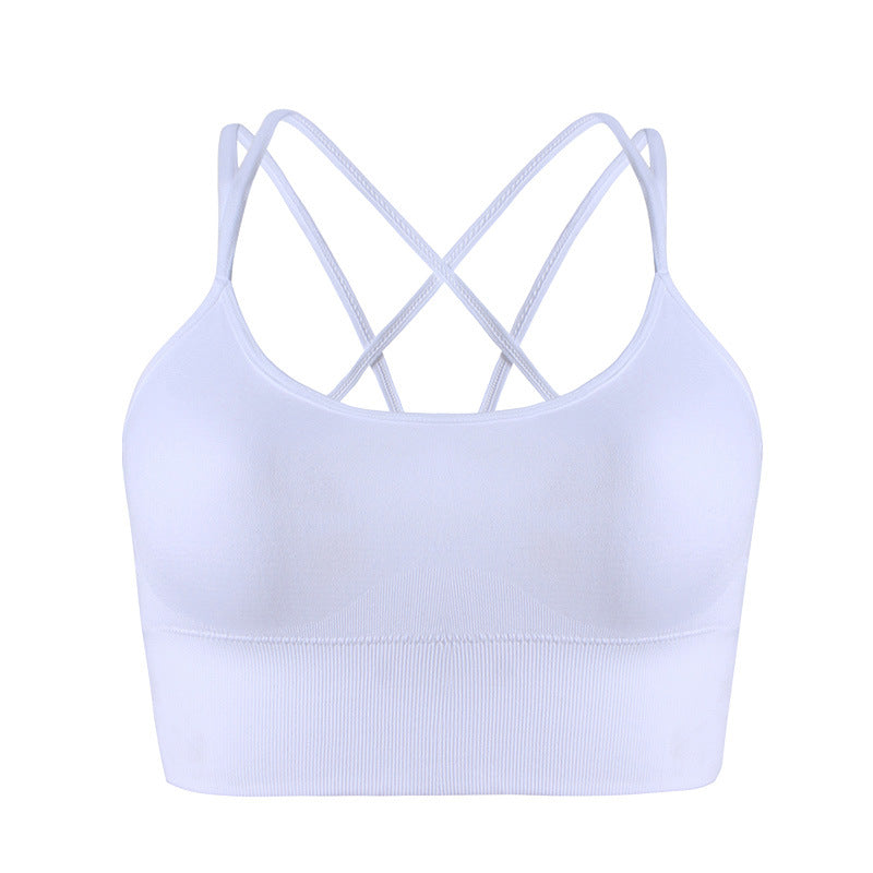 Women's White Strappy Criss Cross Back Sports Bra with Spaghetti Straps, Padded Yoga Bra for Gym and Workout