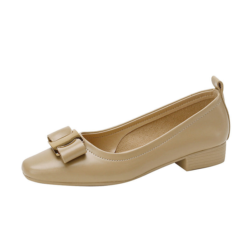 Beige Bow Flat Pumps Women Square Toe Low Heel Dress Shoes Slip-On Office Work Loafers