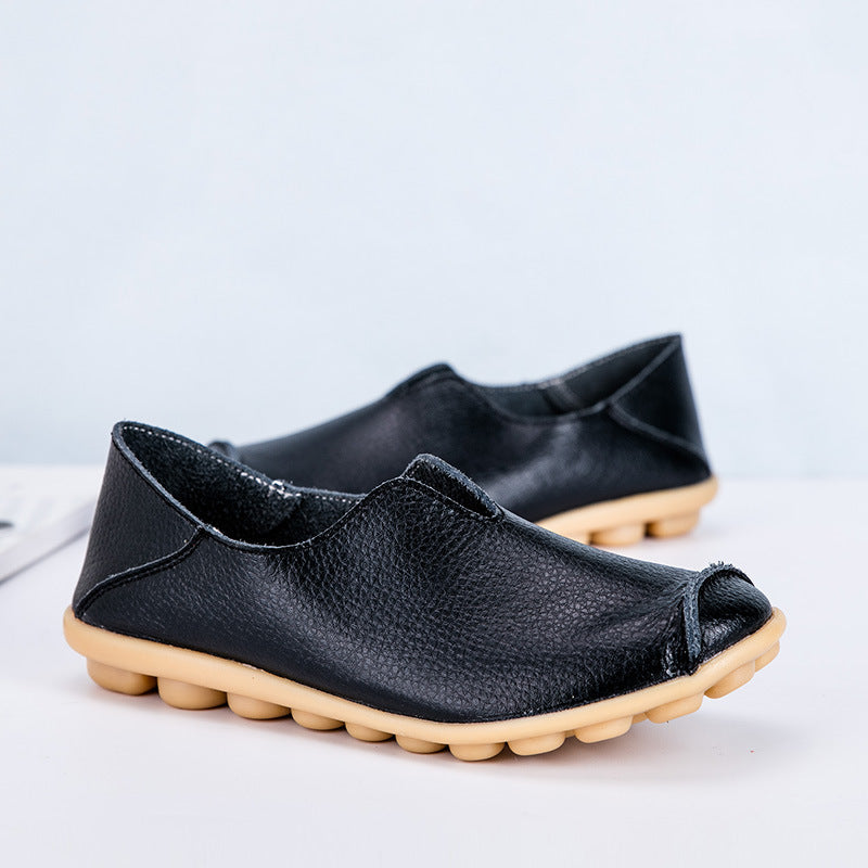 Women's Black Leather Slip-On Loafers ? Casual Comfort Flat Shoes with Non-Slip Sole