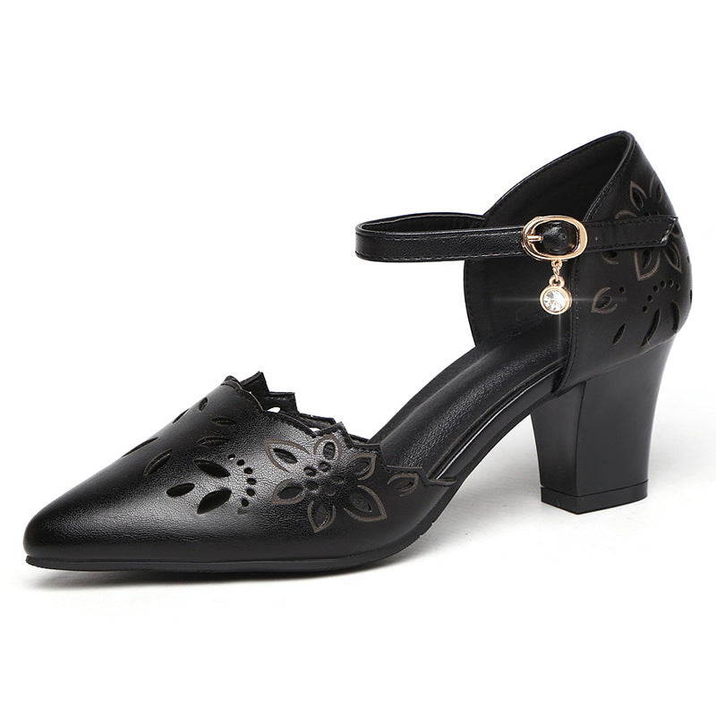 Black Floral Laser Cut Ankle Strap Block Heel Pumps | Pointed Toe Hollow Out Heels for Women | Elegant Breathable Summer Office Wedding Shoes